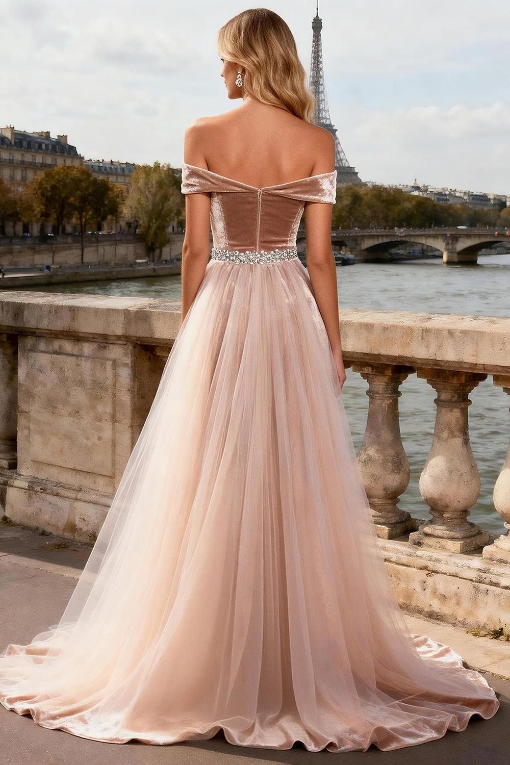 Sparkly Champagne Corset Beaded Velvet Long Prom Dress with Cape