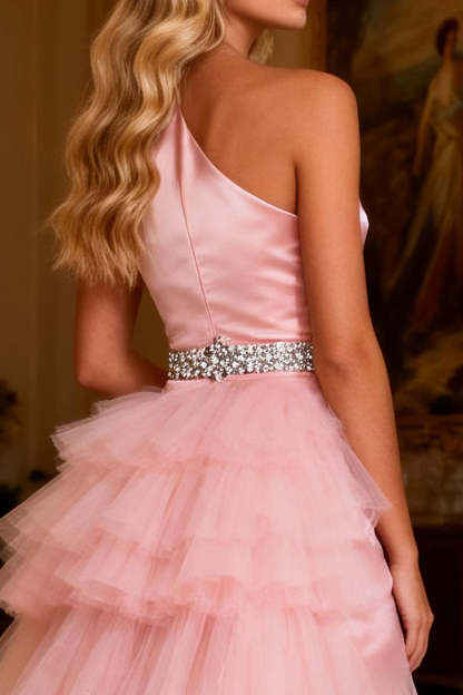 Sparkly Pink Satin Beaded Long Prom Dress with Cape