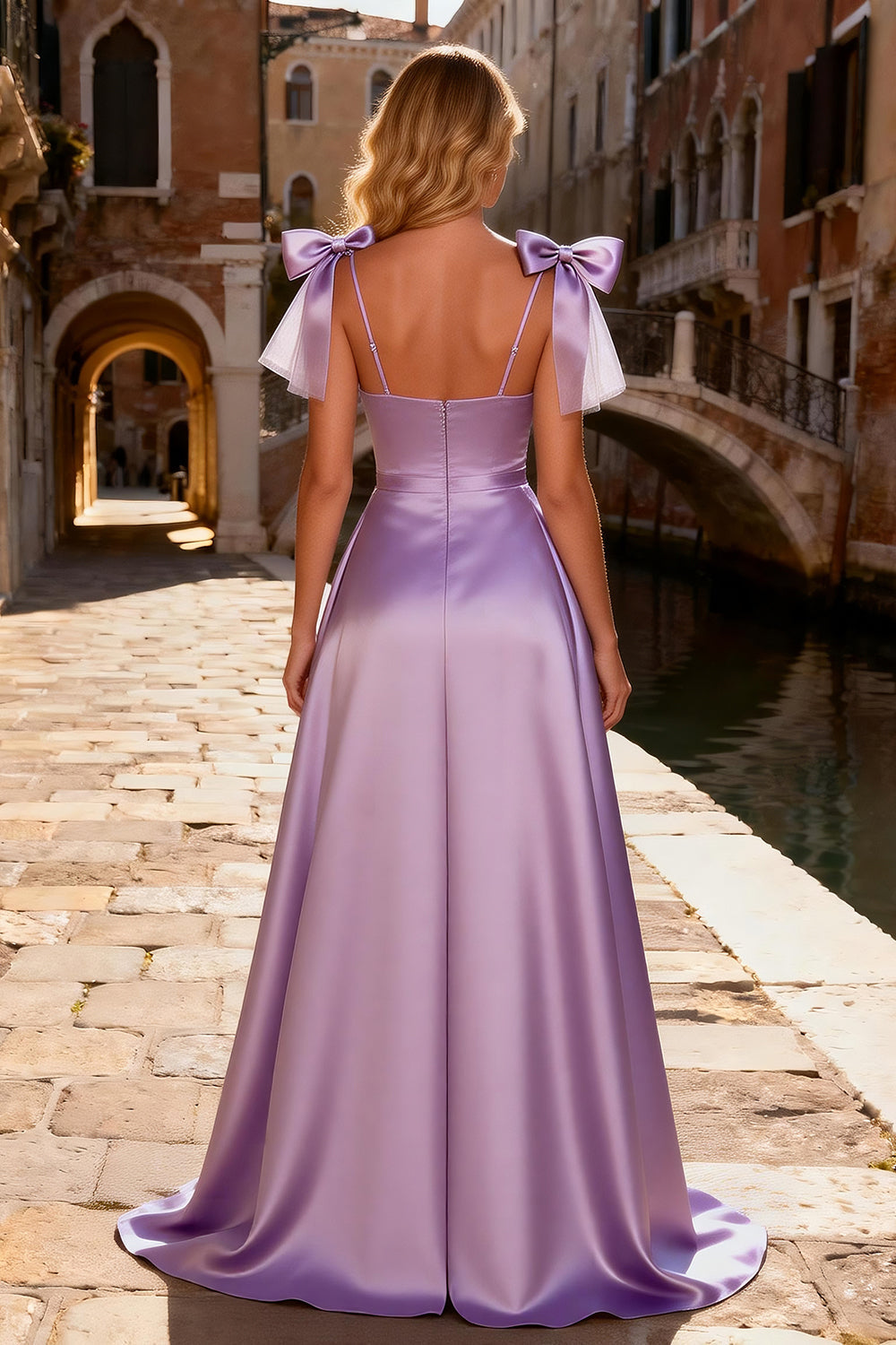 Sparkly Light Purple Beaded High-Low Satin Prom Dress with Bows