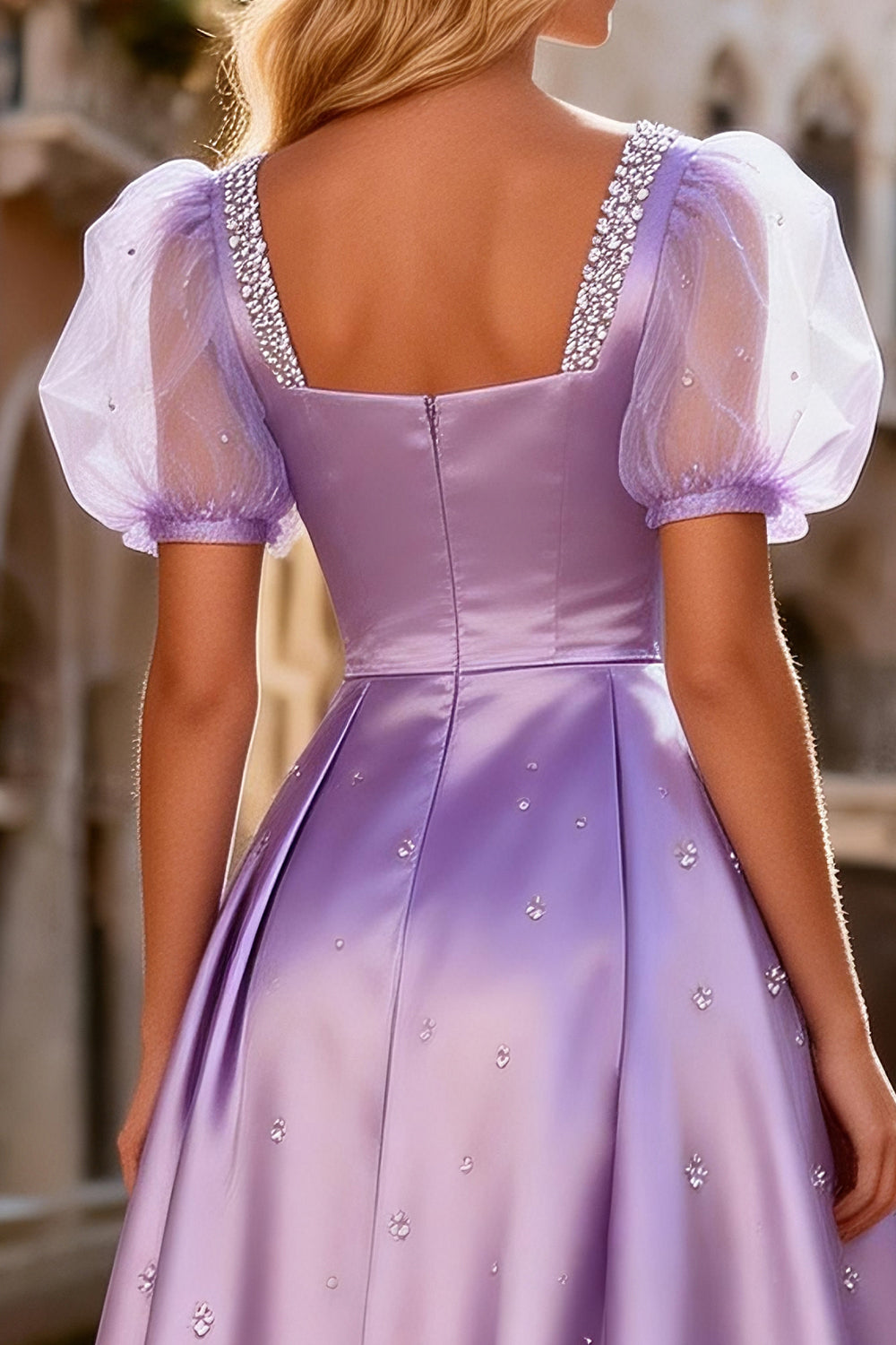 Sparkly Light Purple A Line Satin Beaded Long Prom Dress with Sleeves