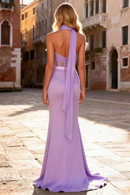 Light Purple Mermaid Satin Long Corset Prom Dress with Slit