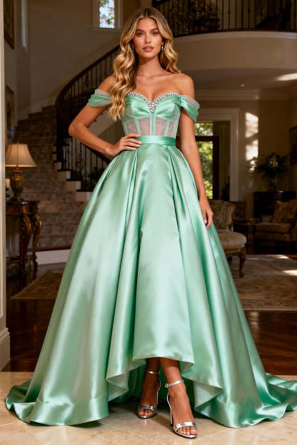 Leely Women Sparkly Mint Green Long Corset Prom Dress Beaded Ball Gown Satin Off the Shoulder Backless A Line Pageant Dress