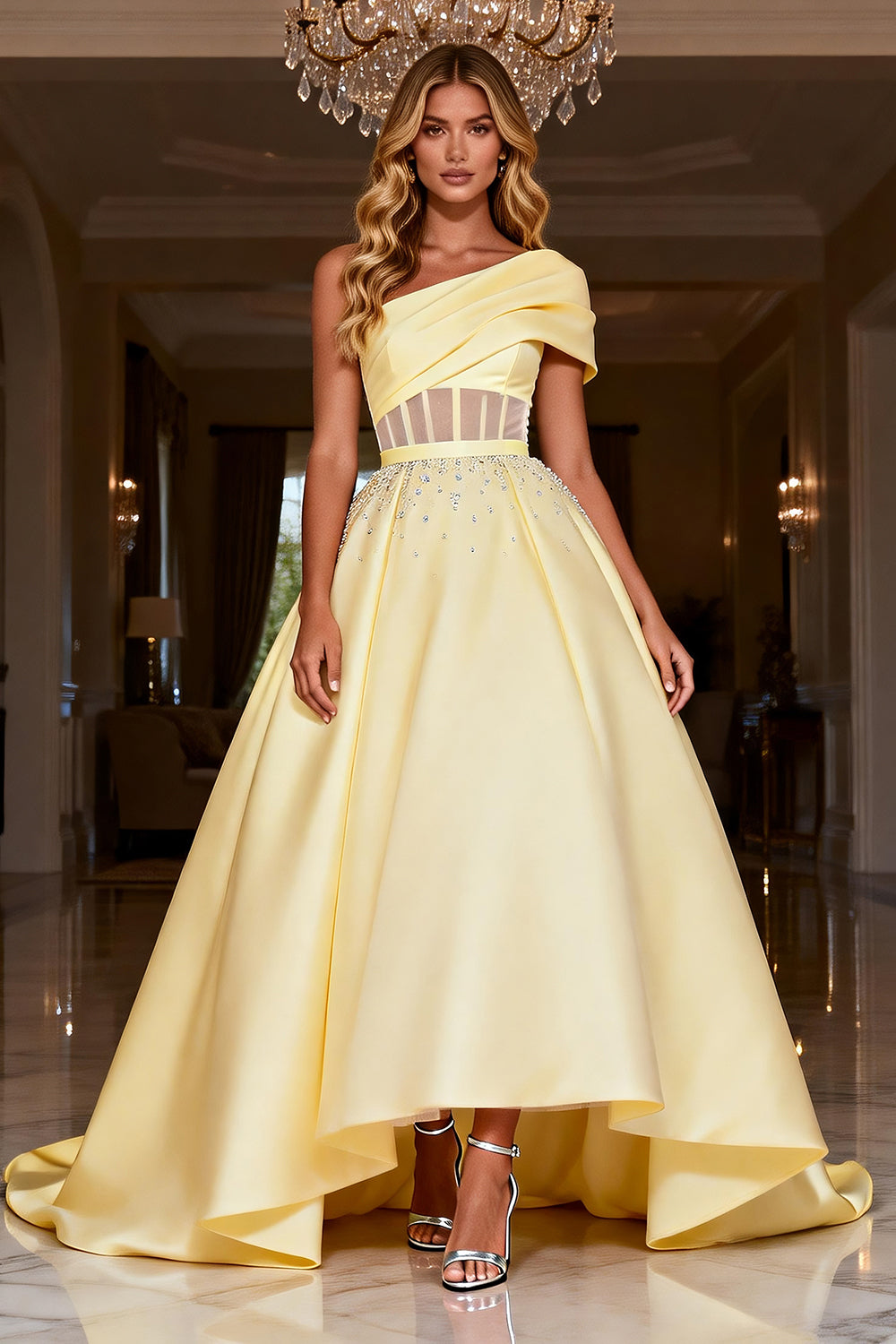 Light Yellow Ball Gown Long Corset Prom Dress with Beading