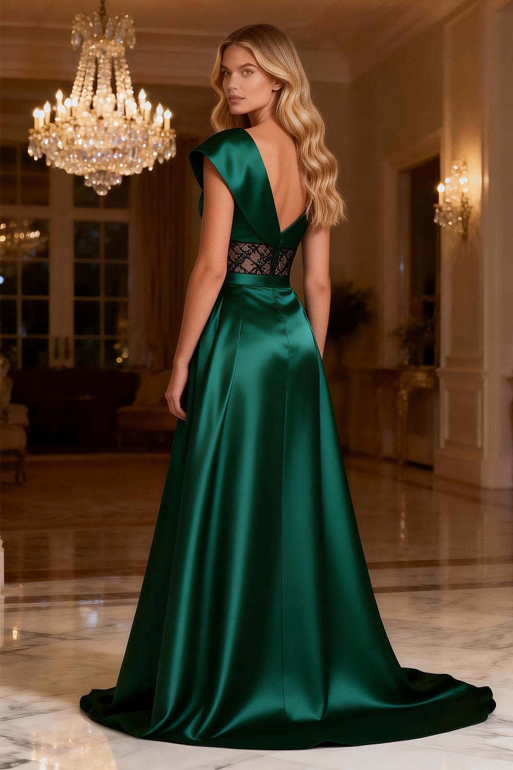 Dark Green One Shoulder Satin Long Corset Prom Dress with Slit