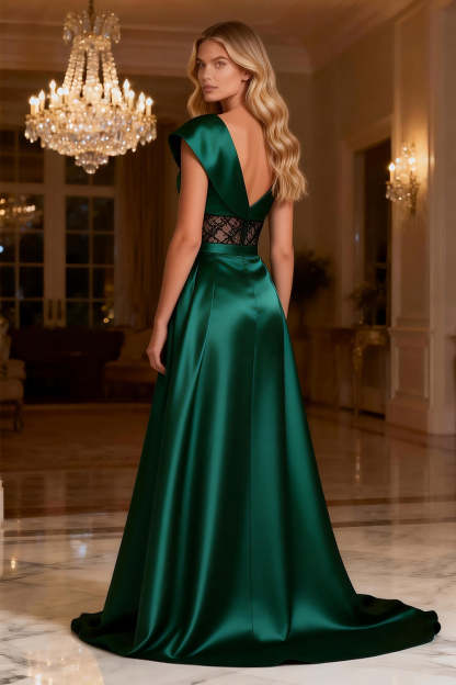 Dark Green One Shoulder Satin Long Corset Prom Dress with Slit
