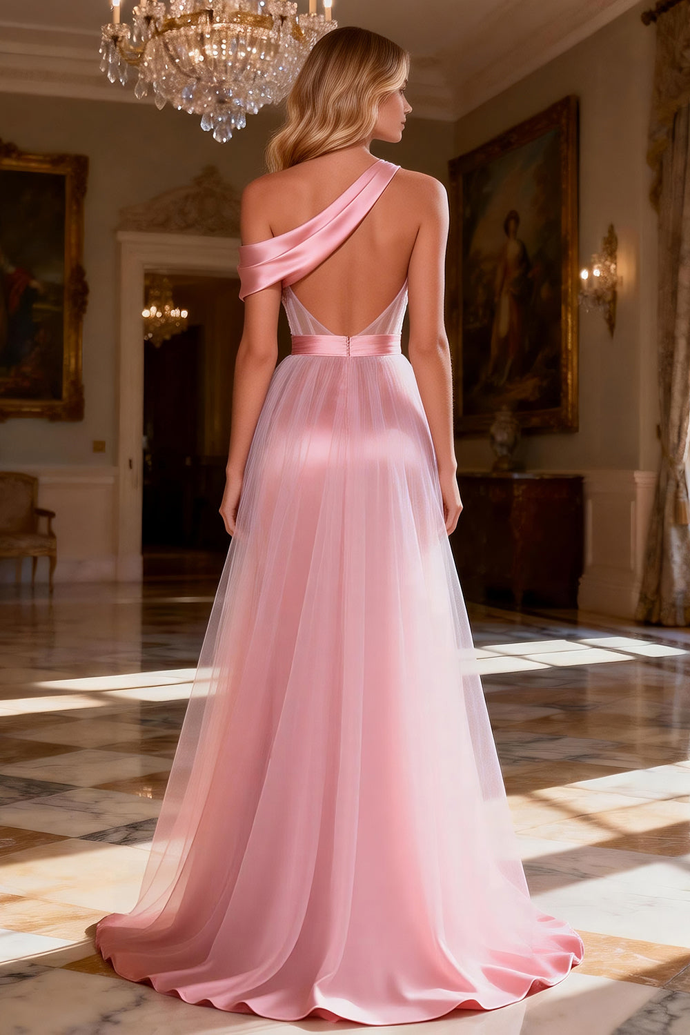 Sparkly Pink Beaded Satin Long Corset Backless Prom Dress with Slit