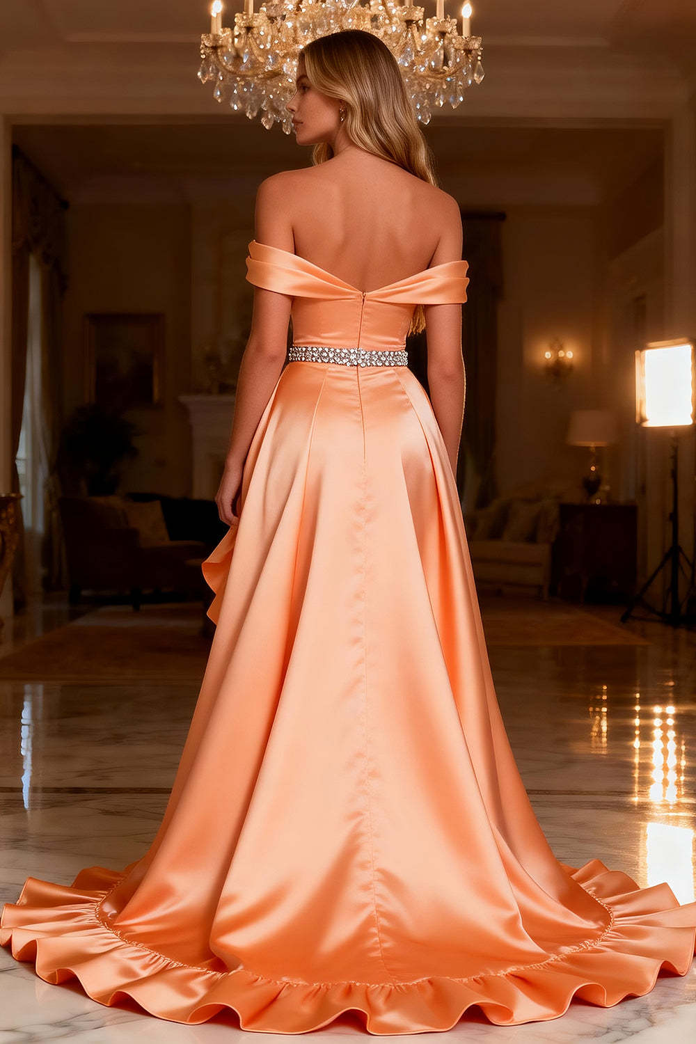 Sparkly Orange Beaded Satin Ruffled A Line Long Prom Dress with Slit