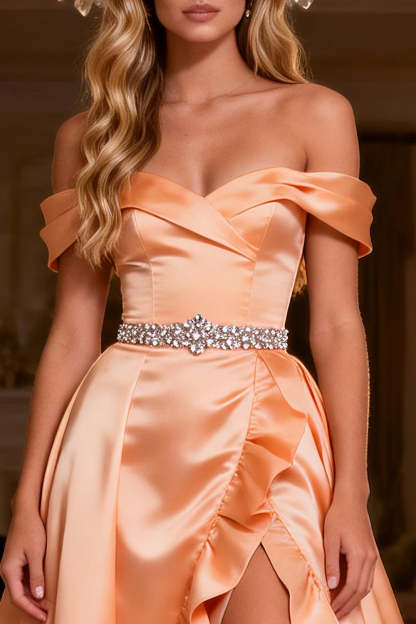 Sparkly Orange Beaded Satin Ruffled A Line Long Prom Dress with Slit