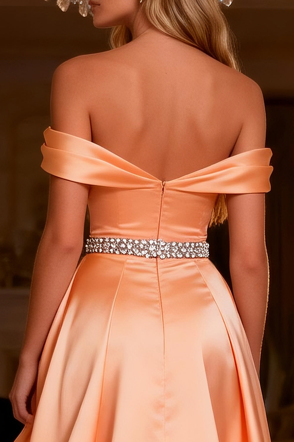 Sparkly Orange Beaded Satin Ruffled A Line Long Prom Dress with Slit