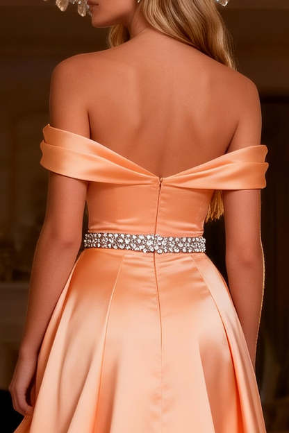 Sparkly Orange Beaded Satin Ruffled A Line Long Prom Dress with Slit