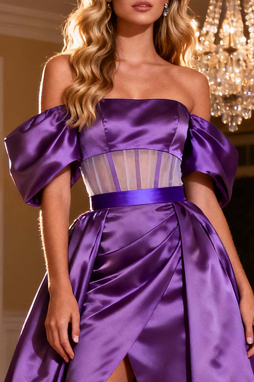 Purple Satin Corset Off the Shoulder Long Prom Dress with Slit