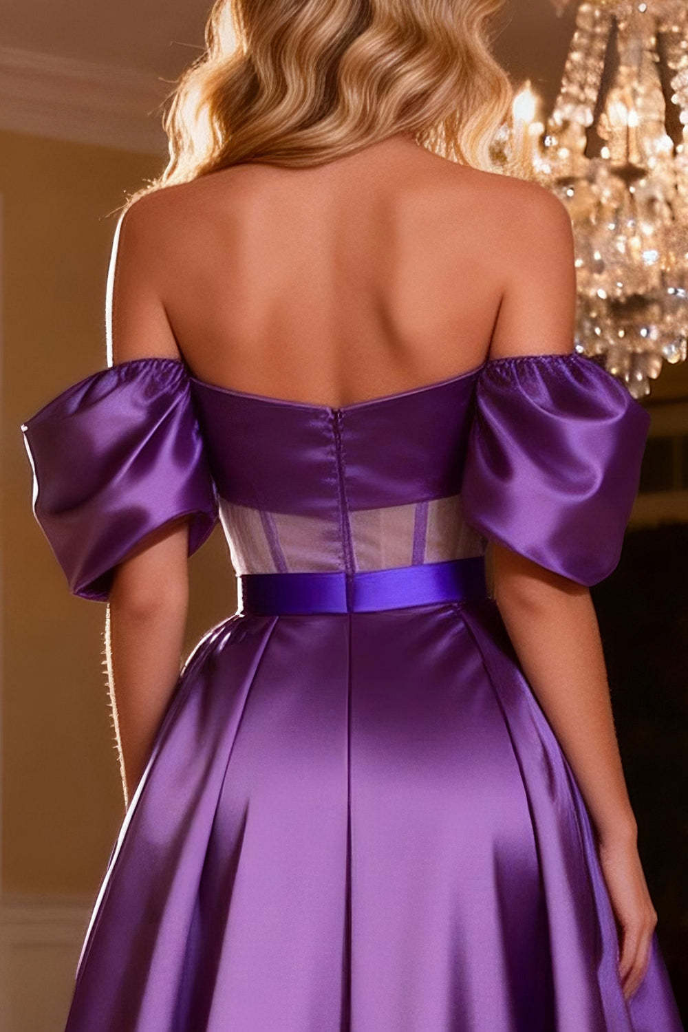 Purple Satin Corset Off the Shoulder Long Prom Dress with Slit