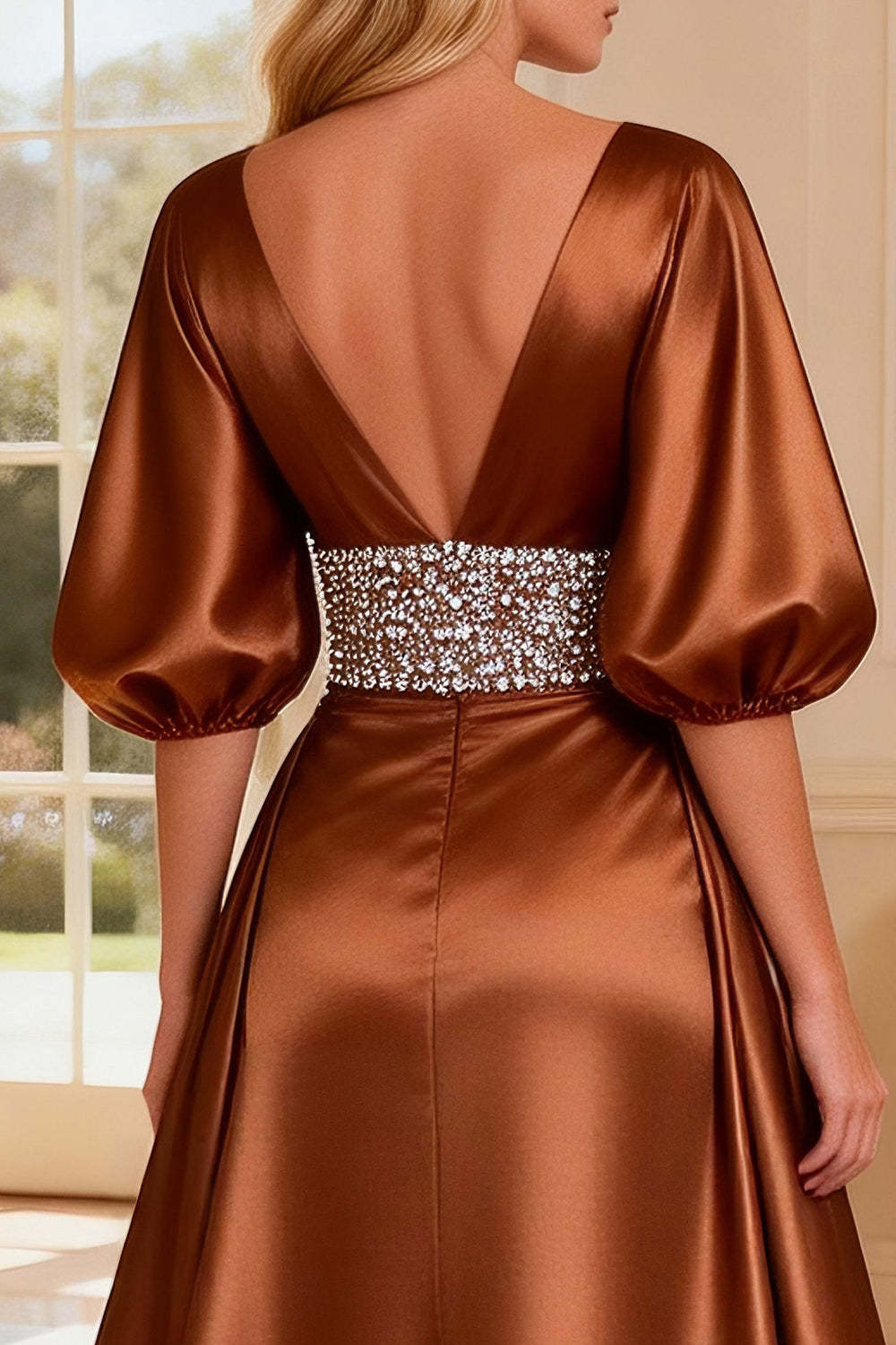 Bronze Beaded Satin Short Sleeves V-Neck Long Prom Dress with Slit