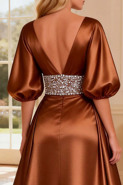 Bronze Beaded Satin Short Sleeves V-Neck Long Prom Dress with Slit