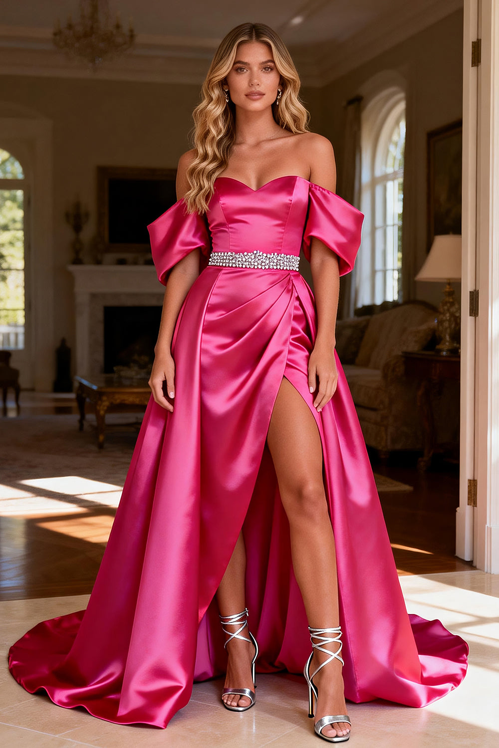 Leely Women Sparkly Hot Pink Beaded Long Prom Dress with Slit Satin Off the Shoulder A Line Ruched Pageant Dress with Cape