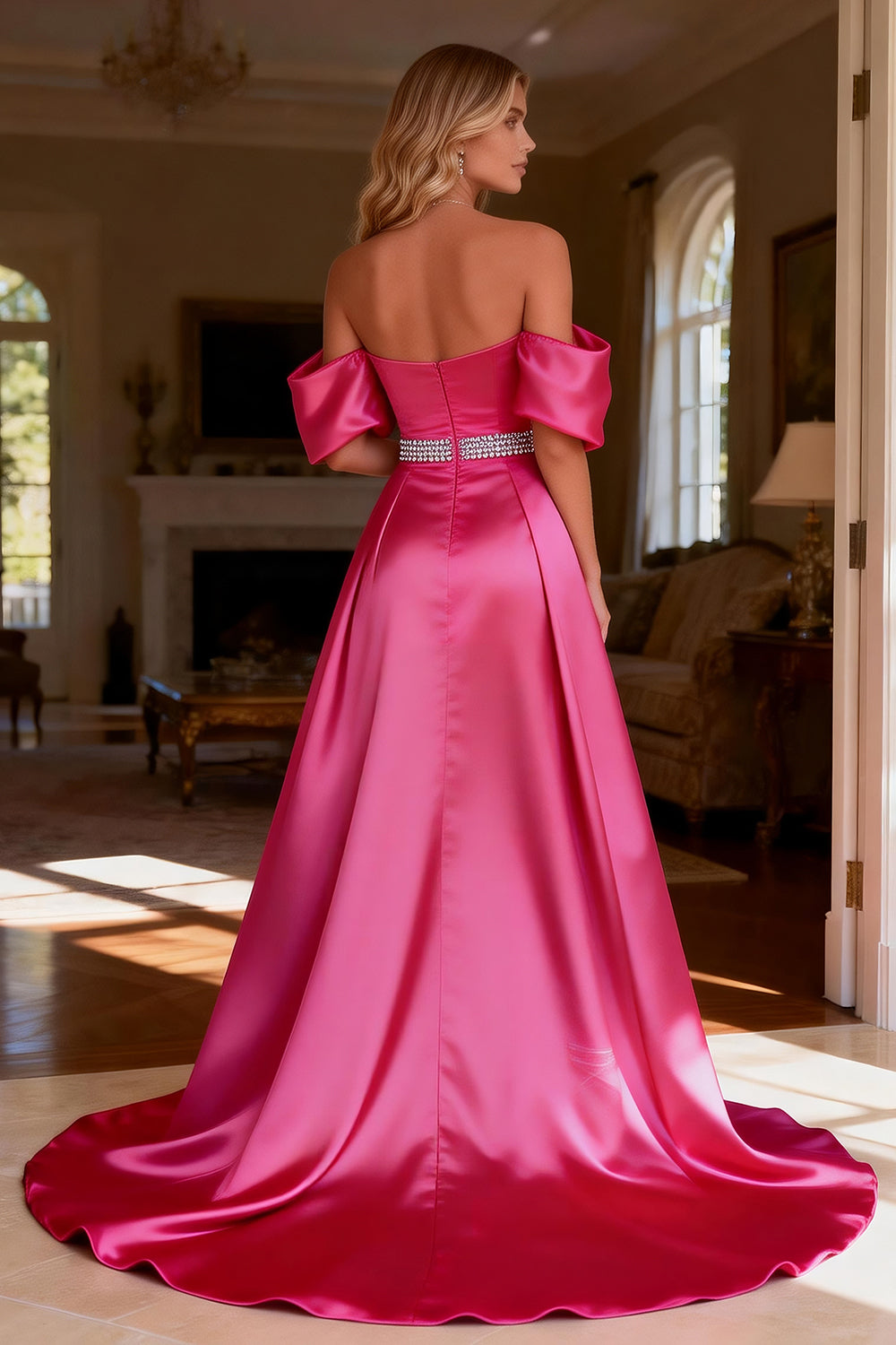 Hot Pink Beaded Satin Cape Long Prom Dress with Slit