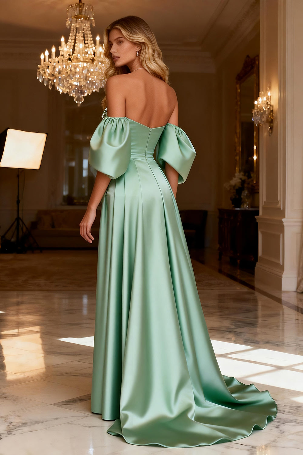 Sparkly Beaded Sage Green Satin Long Prom Dress with Slit