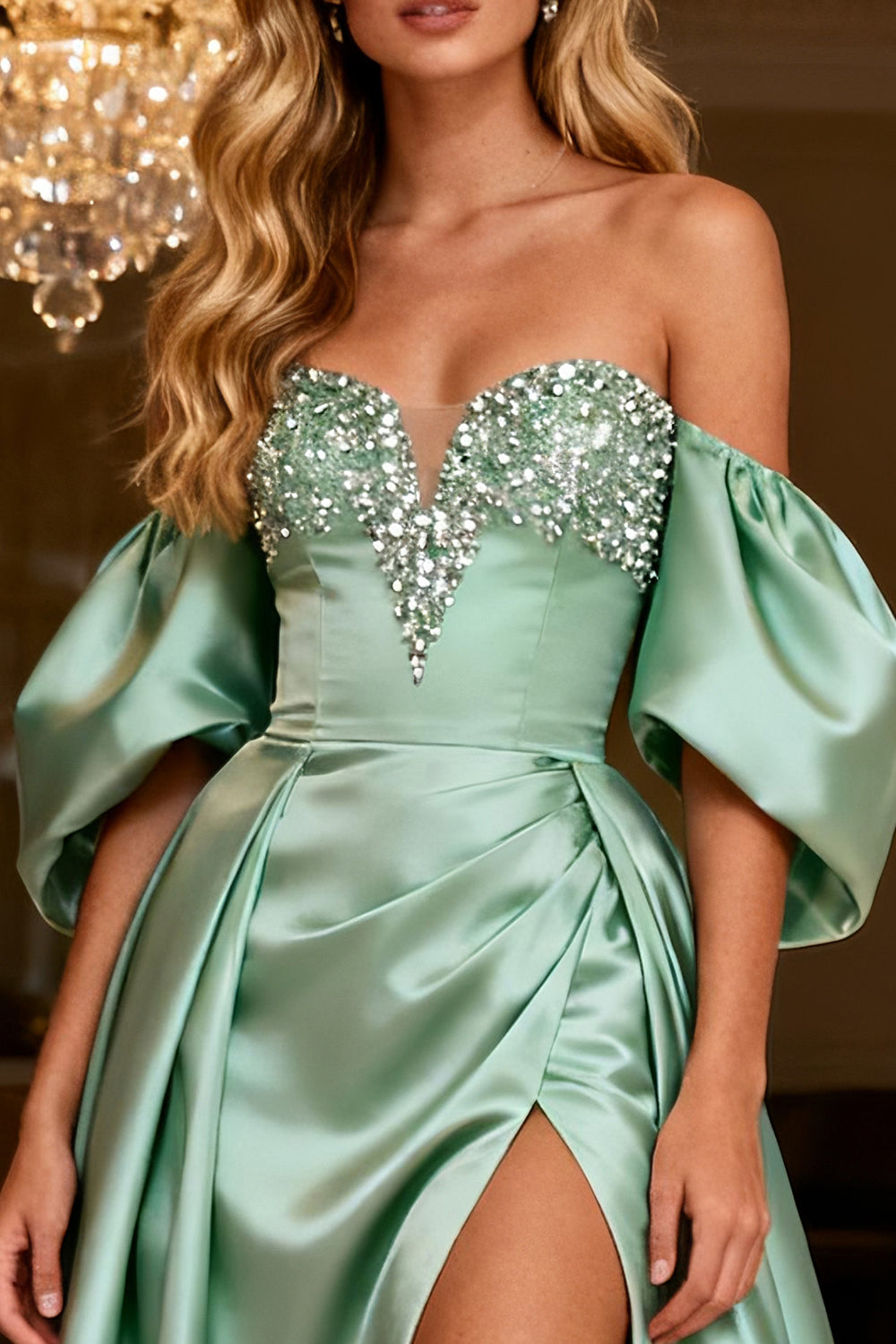 Sparkly Beaded Sage Green Satin Long Prom Dress with Slit