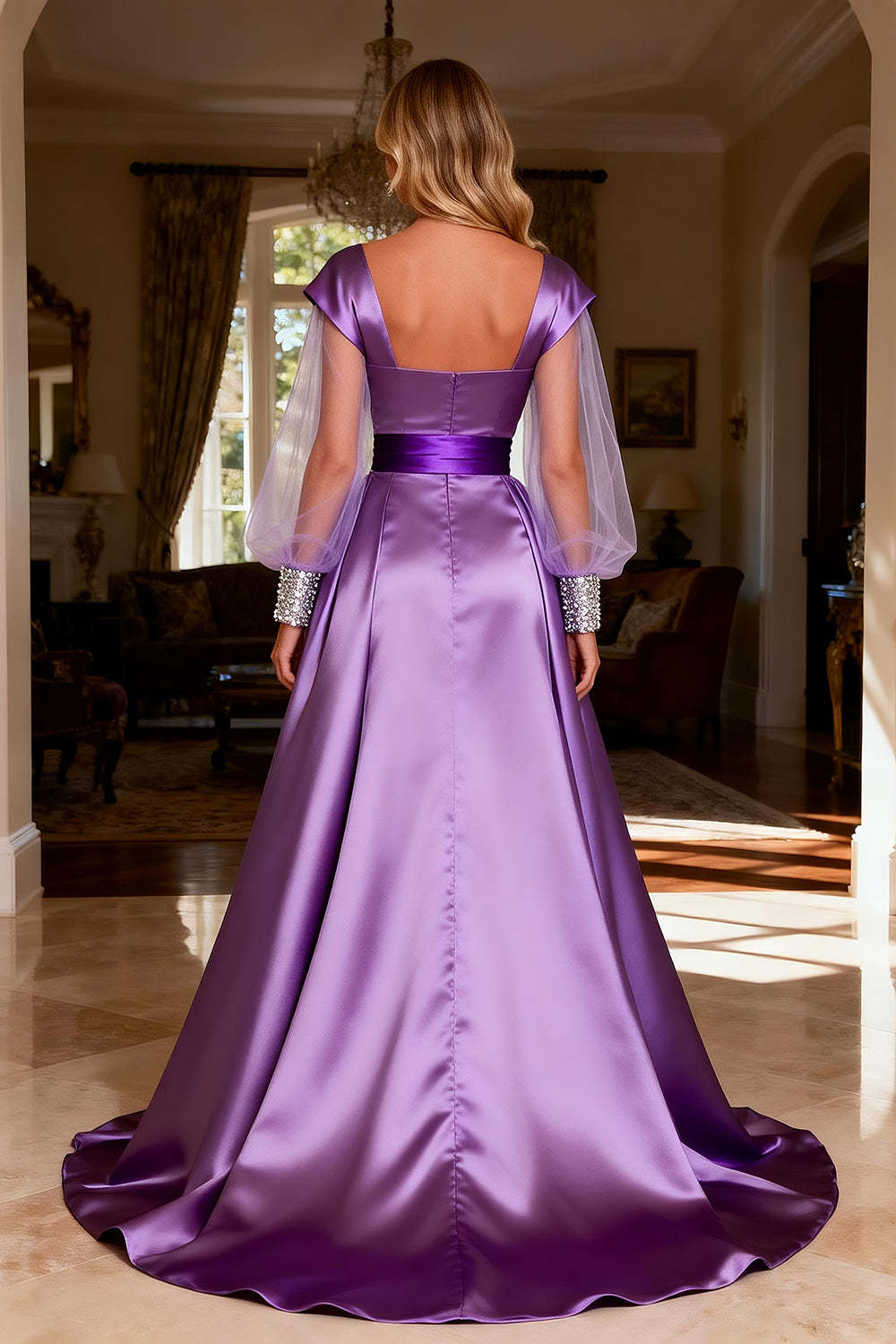 Purple Beaded Satin Ruched Long Prom Dress with Cape