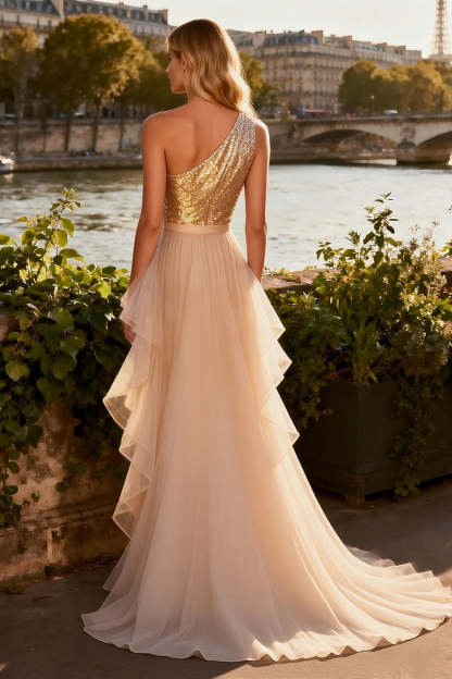 Sparkly Gold Sequin Ruffled Long Tiered Prom Dress with Cape