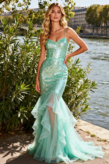Leely Women Sparkly Mint Green Long Prom Dress Mermaid Ruffled Spaghetti Straps Sequin Tiered Backless Tulle Pageant Dress