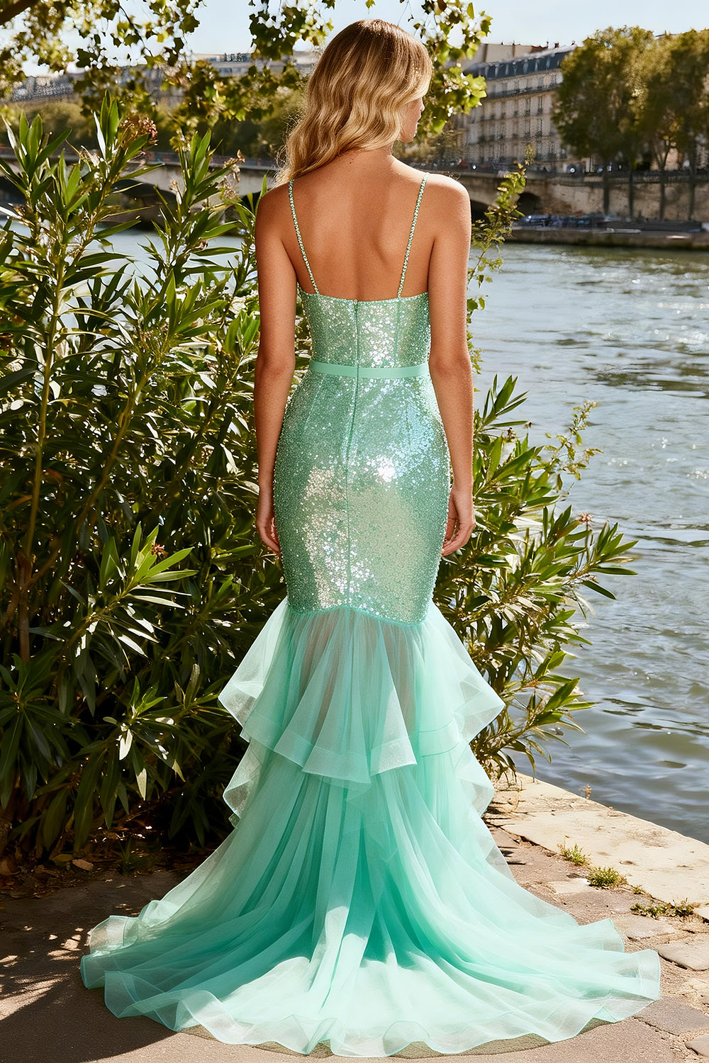 Sparkly Mint Green Sequin Mermaid Tiered Long Prom Dress with Ruffles
