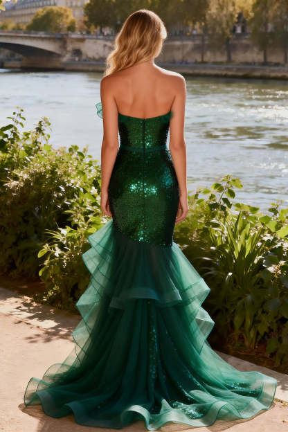 Sparkly Dark Green Mermaid Tiered Sequin Ruffled Long Prom Dress