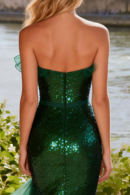 Sparkly Dark Green Mermaid Tiered Sequin Ruffled Long Prom Dress