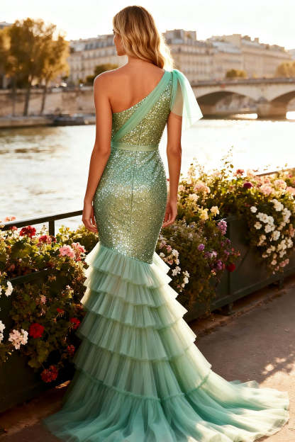 Sparkly Sage Green Sequin Ruffled One Shoulder Mermaid Long Prom Dress