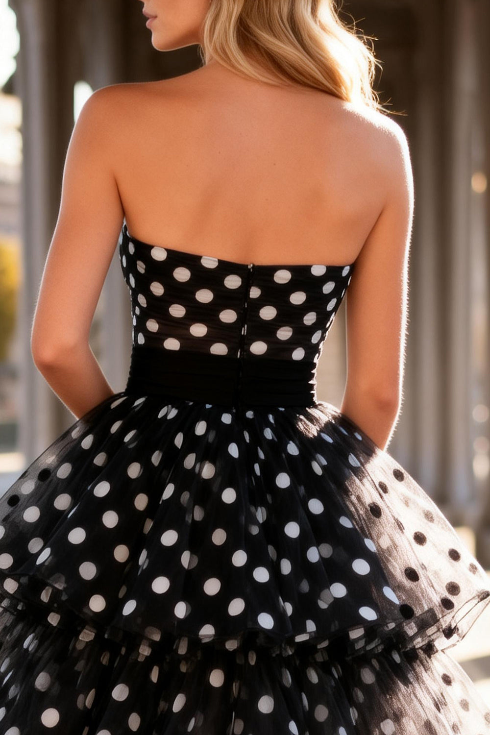 Black and White Polka Dots Tiered Tulle Long Prom Dress with Ruffles