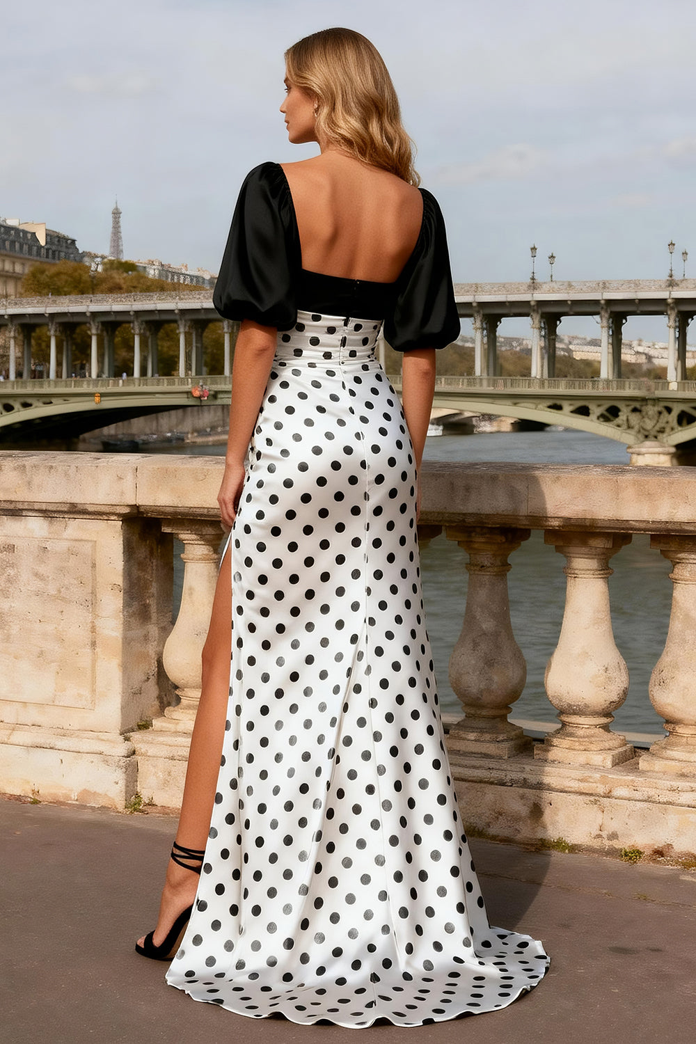 Black and White Satin Polka Dots Long Prom Dress with Sleeves