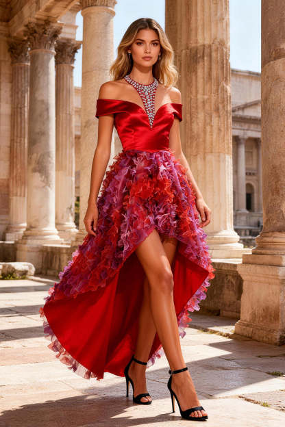 Leely Women Red Beaded High-Low Prom Dress Ruffled Tulle Halter Neck Gala Dress