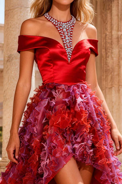 Sparkly Red Halter Neck High-Low A Line Prom Dress with Beading
