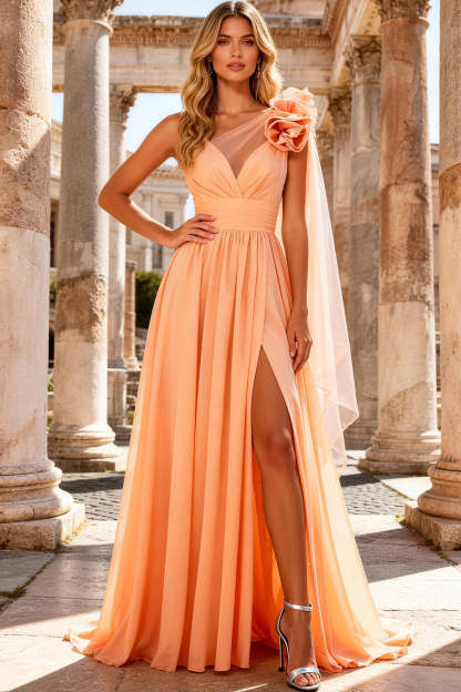 Leely Women Floral Peach Maxi Prom Dress with Slit Pleated One Shoulder A Line Formal Dress with Side Cape
