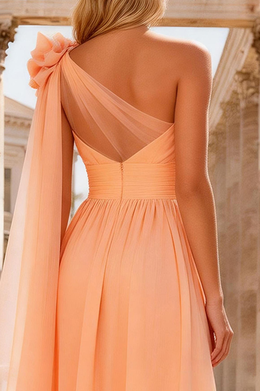 Peach One Shoulder A Line Long Prom Dress with 3D Flower