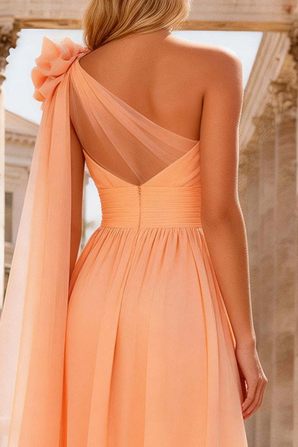 Peach One Shoulder A Line Long Prom Dress with 3D Flower