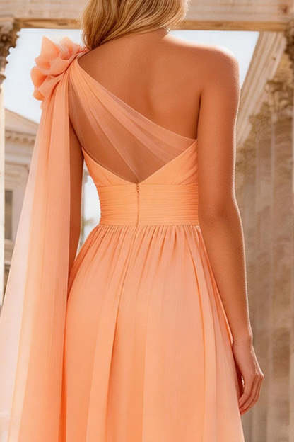 Peach One Shoulder A Line Long Prom Dress with 3D Flower