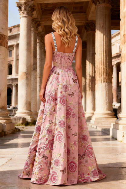 Floral Pink Beaded Sparkly A Line Long Corset Prom Dress with Slit