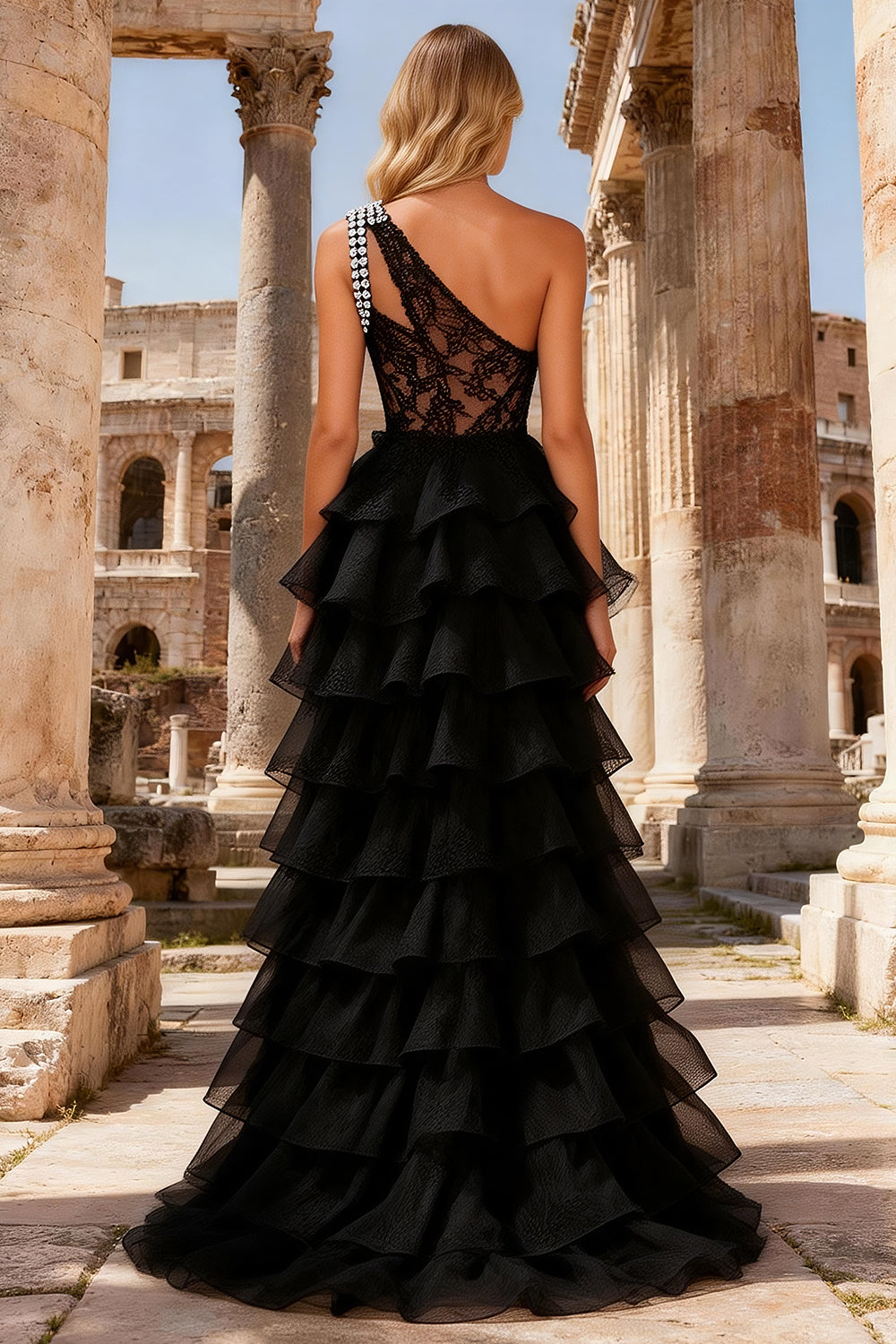 Black Lace One Shoulder Beaded Maxi Prom Dress with Ruffles