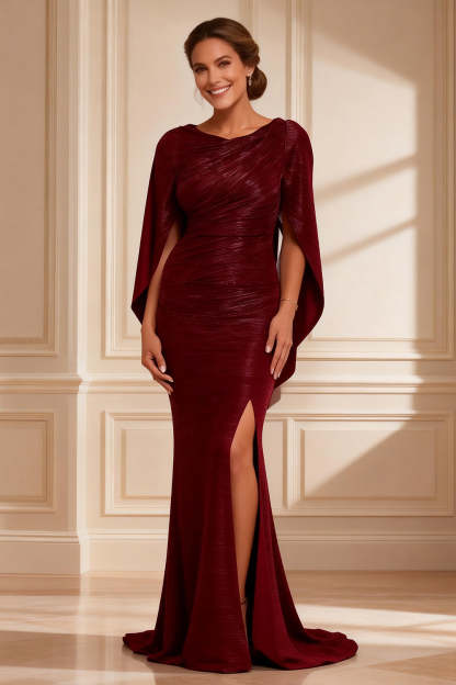 Leely Women Burgundy Long Mother of the Bride Dress with Slit Mermaid Boat Neck Wedding Guest Dress with Sleeves