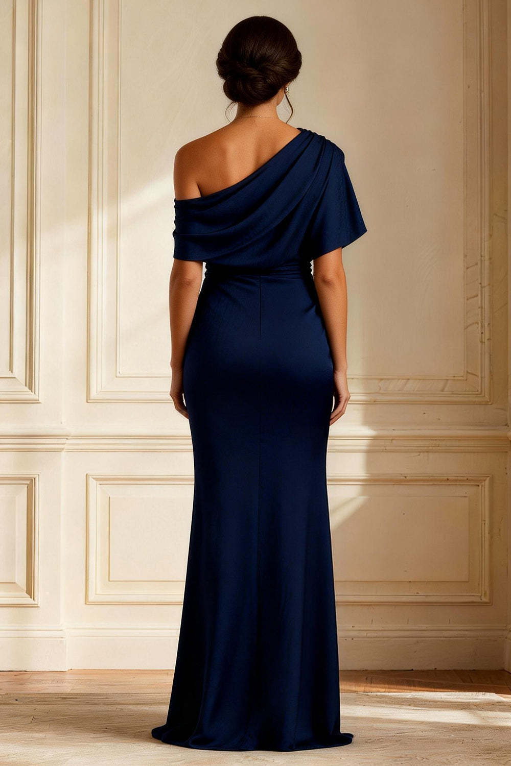 Navy Mermaid Asymmetrical Neck Mother of the Bride Dress with Slit