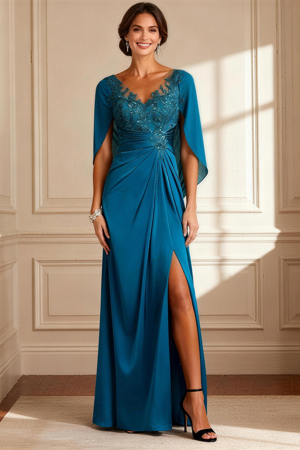 Leely Women Sparkly Peacock Blue Chiffon Long Mother of the Bride Dress with Beading A Line Ruched V Neck Wedding Guest Dress with Sleeves