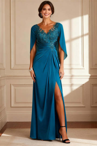 Leely Women Sparkly Peacock Blue Chiffon Long Mother of the Bride Dress with Beading A Line Ruched V Neck Wedding Guest Dress with Sleeves