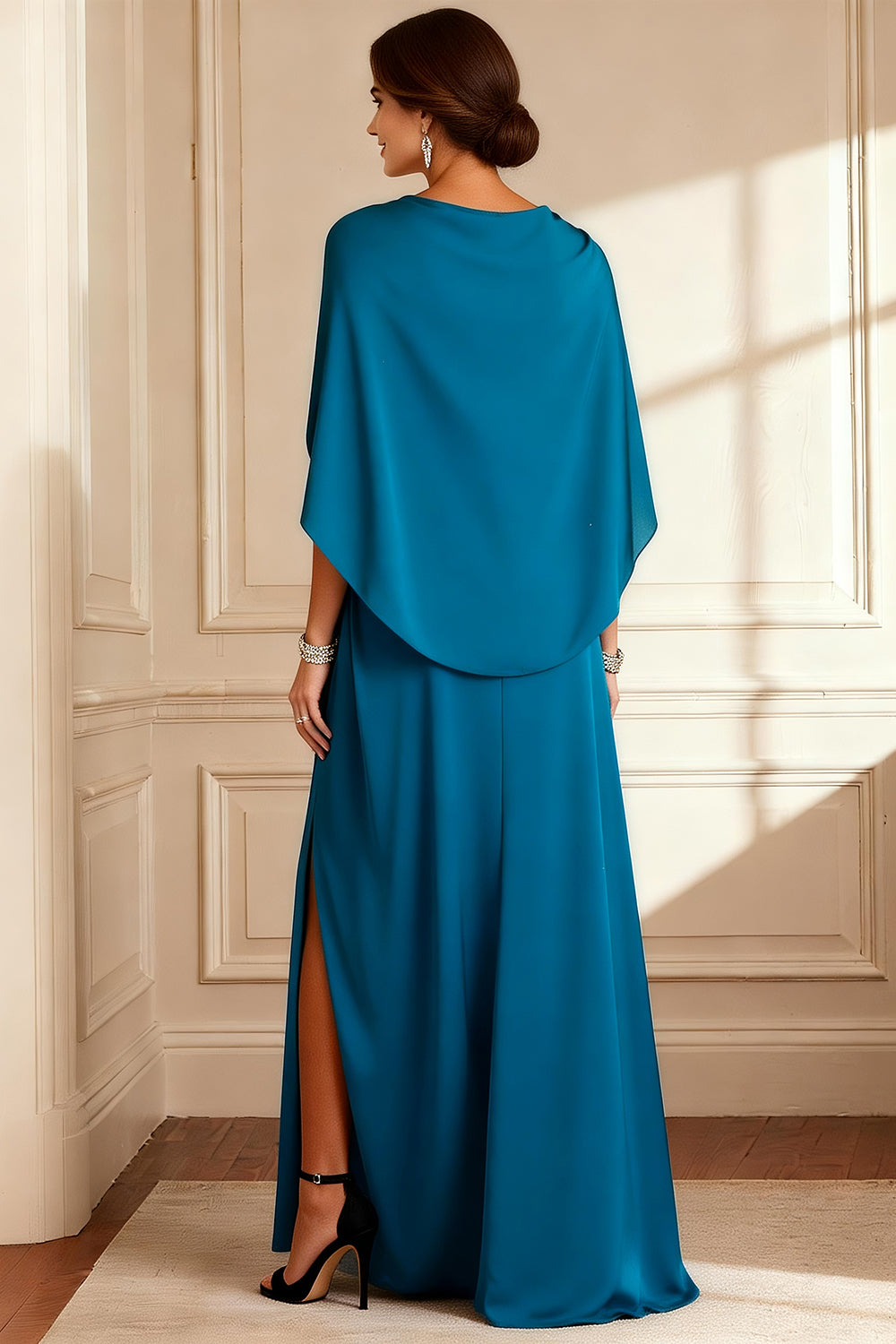 Sparkly Beaded Peacock Blue V Neck Long Mother of the Bride Dress