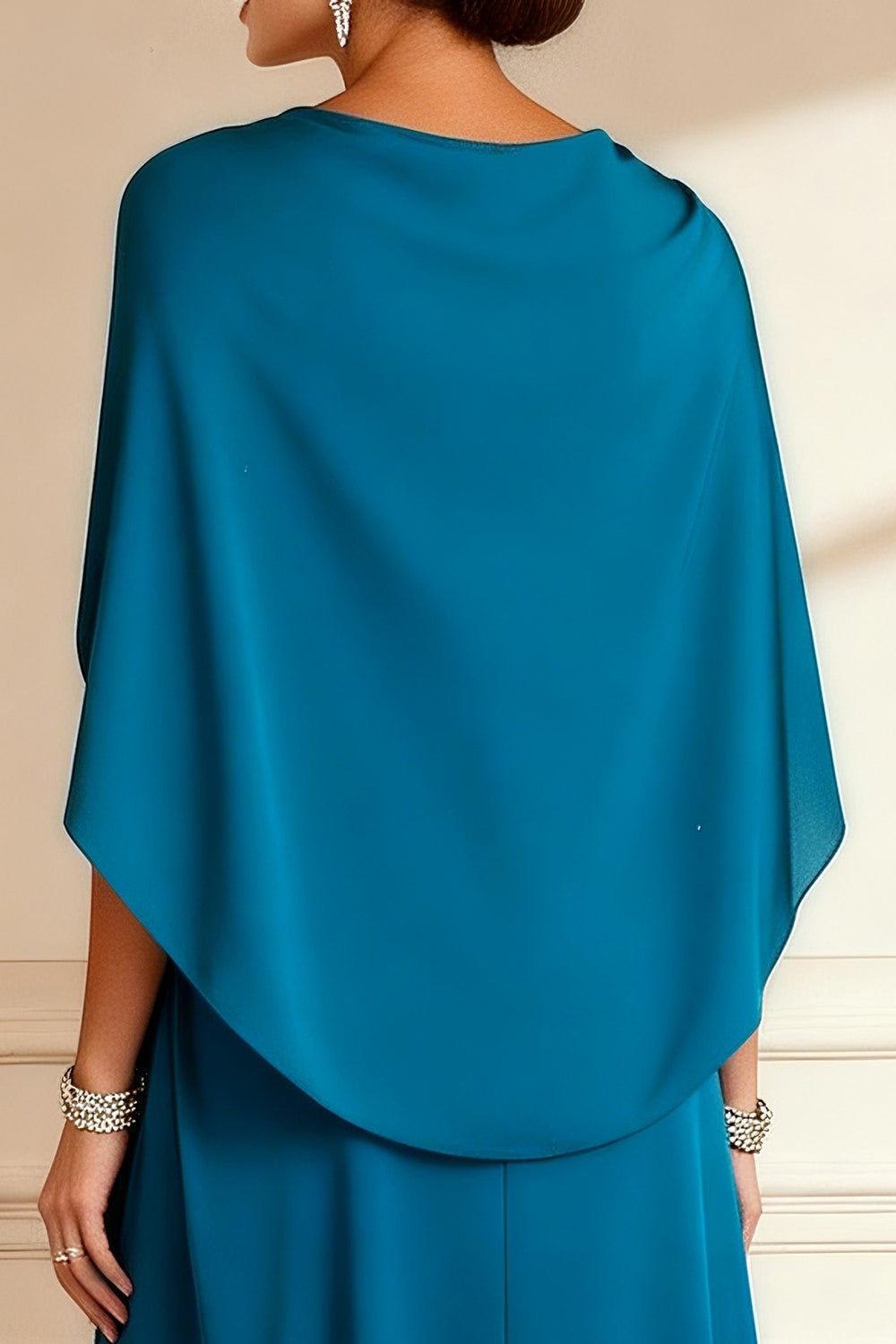 Sparkly Beaded Peacock Blue V Neck Long Mother of the Bride Dress