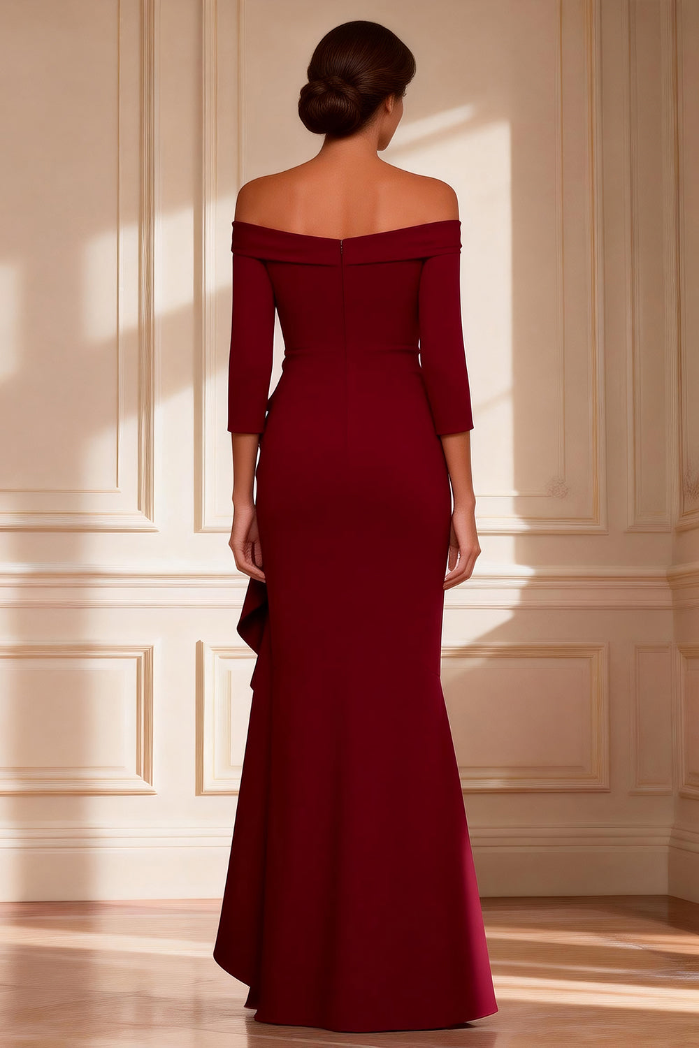 Burgundy Asymmetrical Off the Shoulder Mother of the Bride Dress with Ruffles