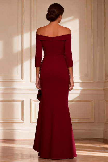 Burgundy Asymmetrical Off the Shoulder Mother of the Bride Dress with Ruffles