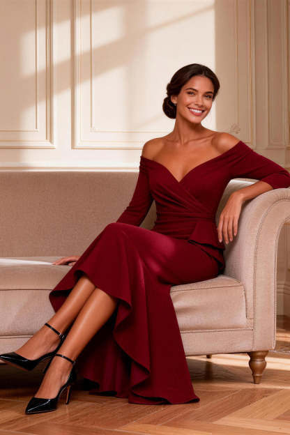 Burgundy Asymmetrical Off the Shoulder Mother of the Bride Dress with Ruffles