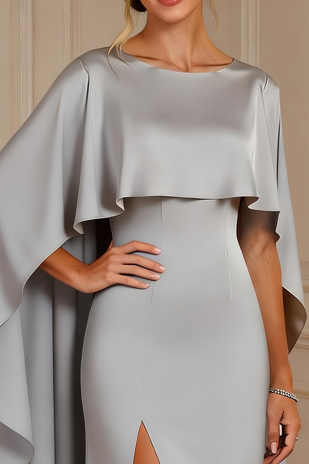 Grey Boat Neck Sheath Maxi Mother of the Bride Dress with Cape