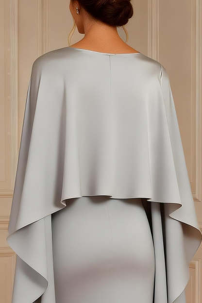 Grey Boat Neck Sheath Maxi Mother of the Bride Dress with Cape